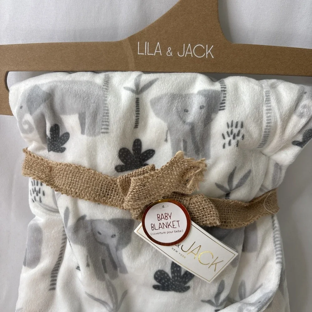 Lila & Jack Elephant Baby Blanket Plush White Gray Jungle Safari NWT